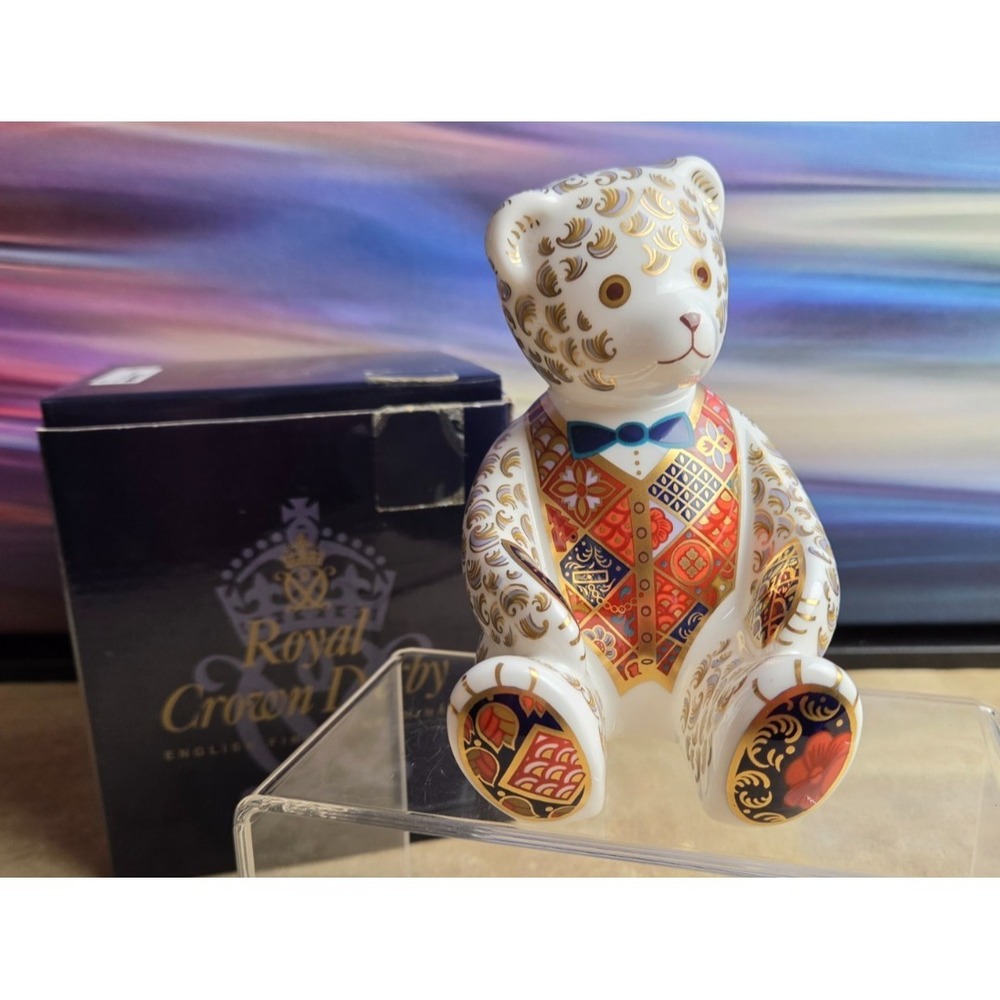 ROYAL CROWN DERBY "Teddy Bear" w/Blue Tie 1997 Paperweight Mint w/box, Vintage